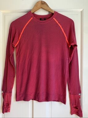 oiselle Pink Striped Long Sleeve Tee with Neon Orange Accents